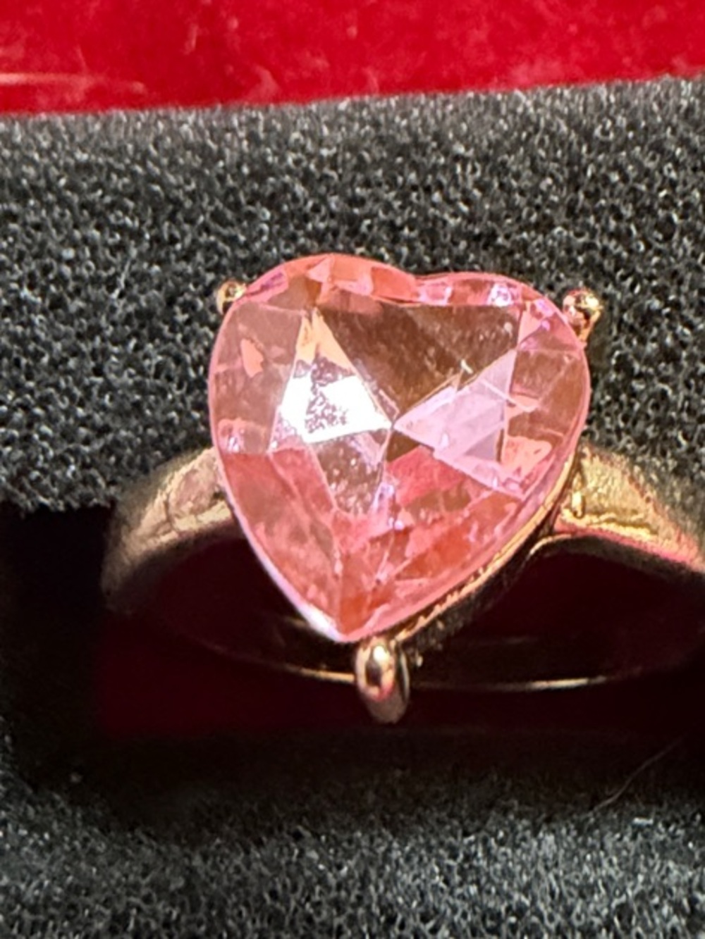 Sparkling Pink Heart, Gold Tone Ring, SZ 7, (J296)